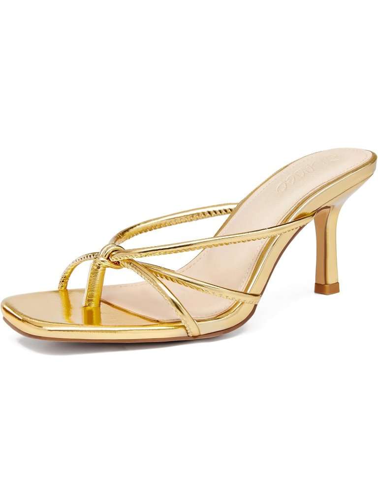 Women’s Gold Faux Leather Square Open Toe Flip Flops Strappy Thong Mule Sandals